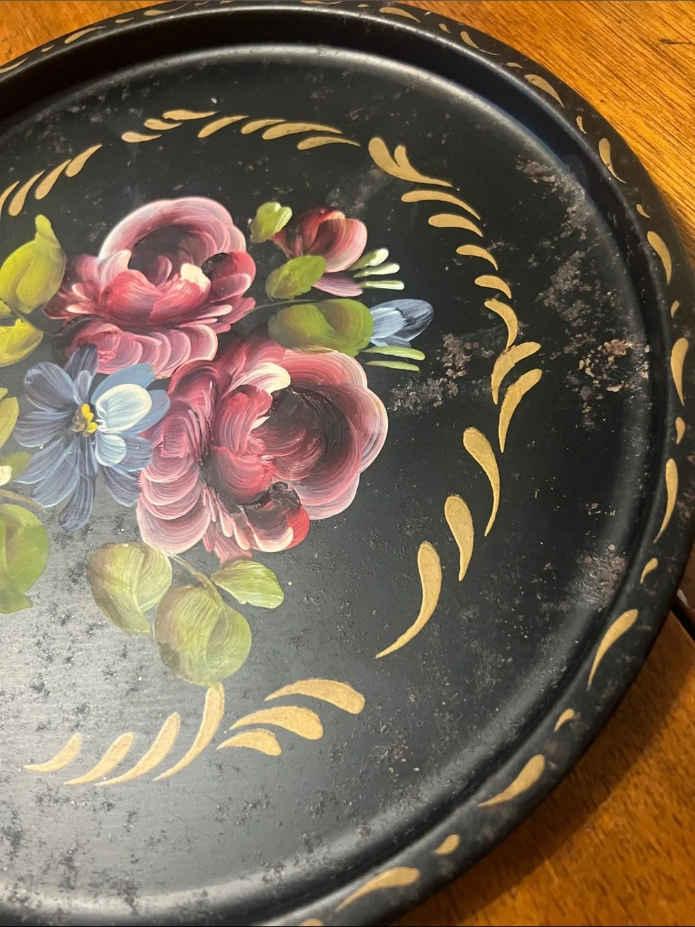 Vintage Hand-Painted Toleware Trays - Green & Purple Accents